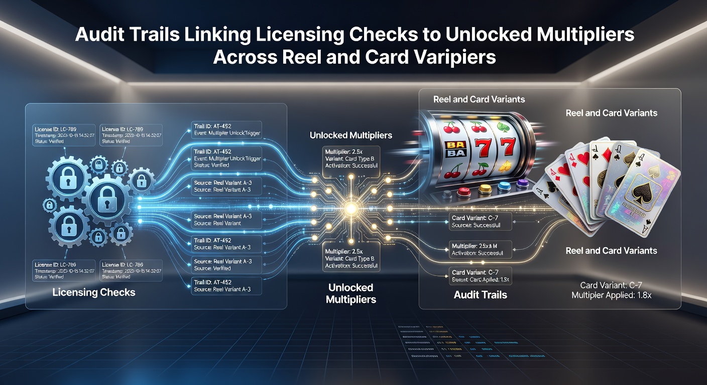 Diagram showing audit trail connections between licensing verification systems and multiplier activation in slot reels and card games