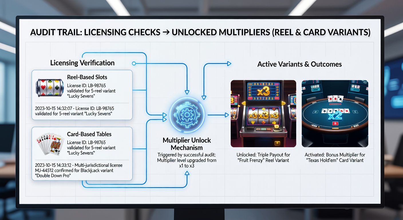 Flowchart illustrating multiplier activation sequences in reel slots tied to licensing audit records