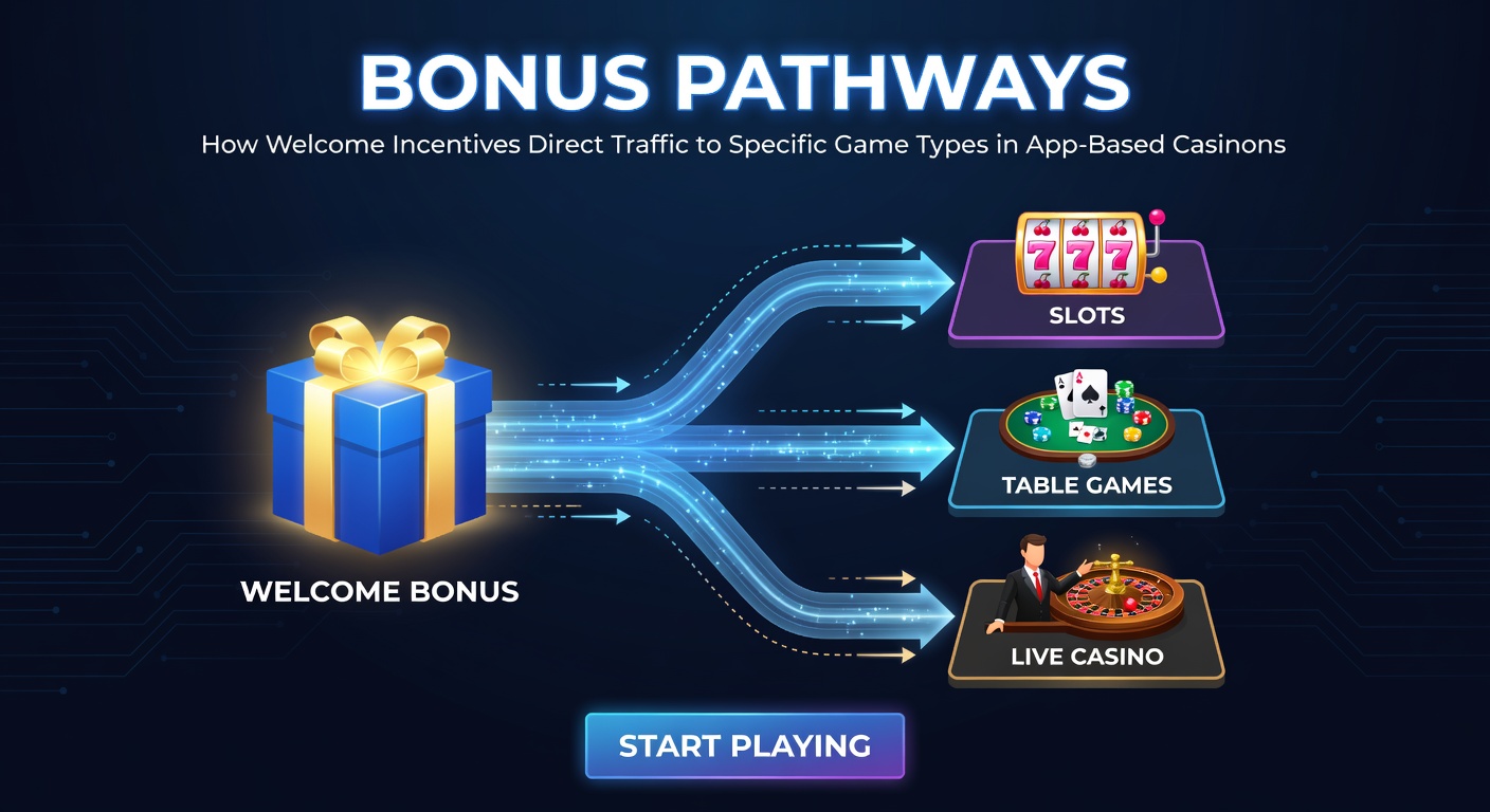 App-based casino interface showing welcome bonus offers directing players toward slot games and table variants