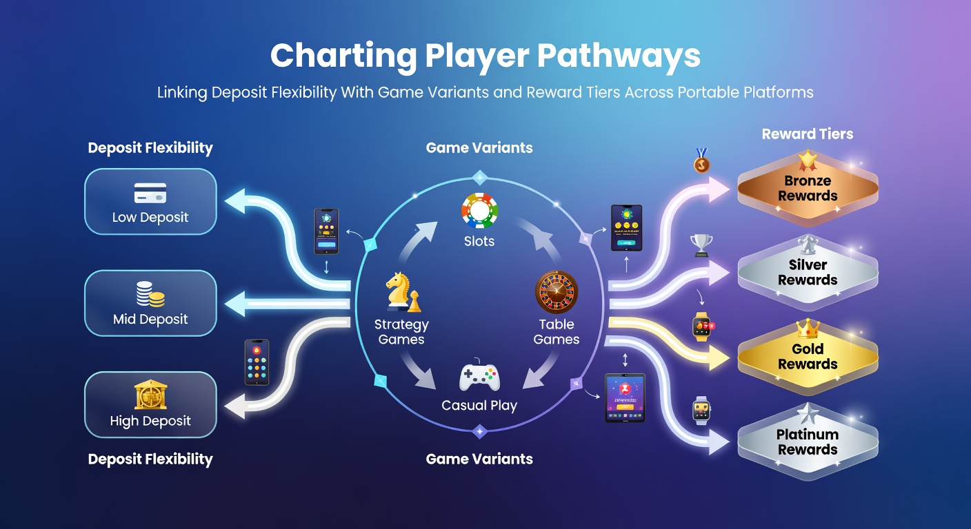 Mobile casino interface showing deposit options connected to various game types and reward progress indicators