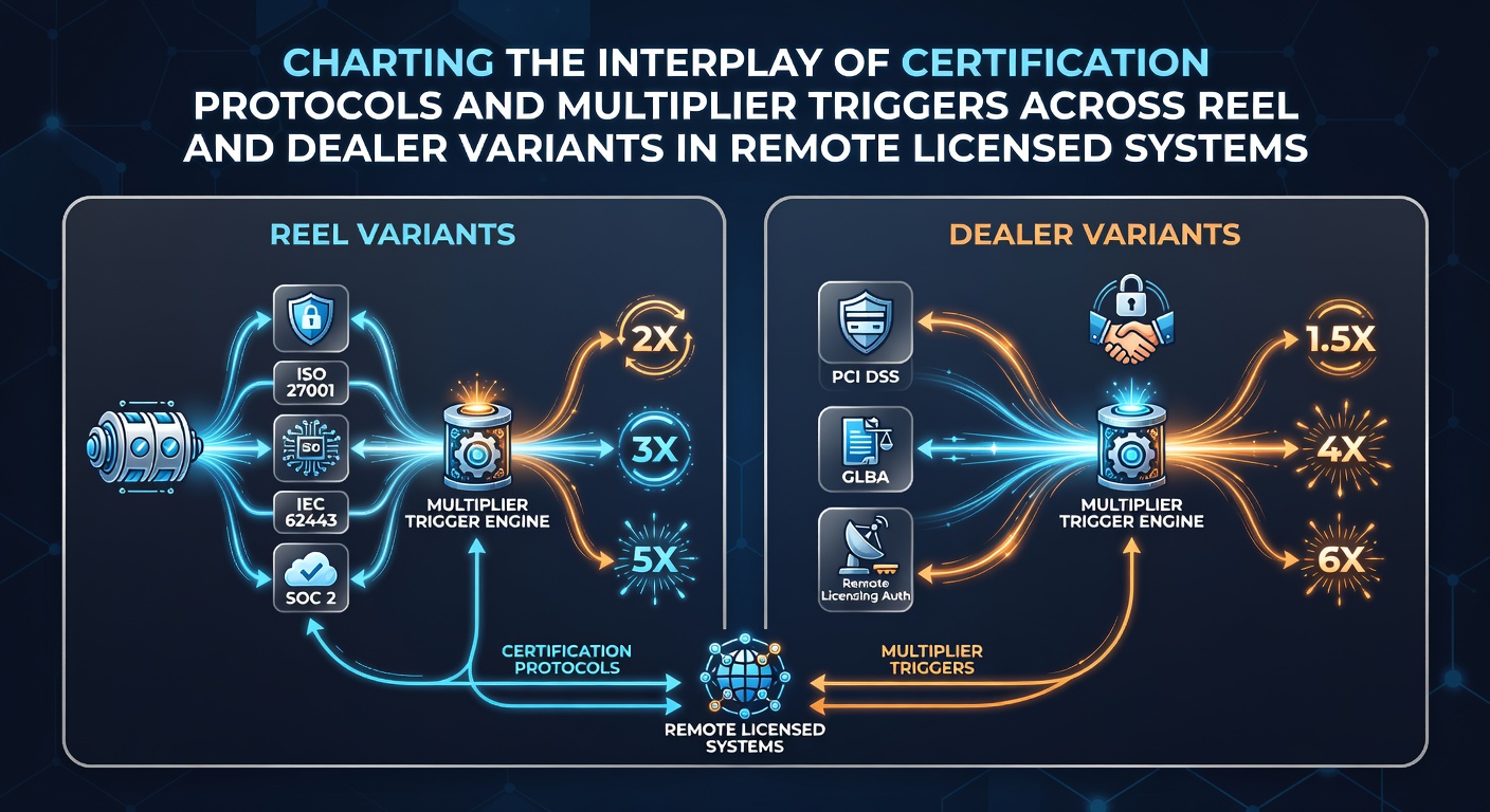 Diagram illustrating certification protocols interacting with multiplier systems in reel-based and live dealer gaming environments