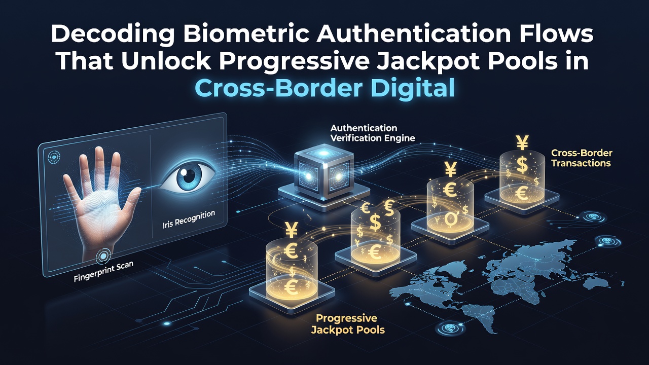 Network diagram illustrating secure data flows between biometric servers, jackpot pools, and regulatory databases across multiple countries