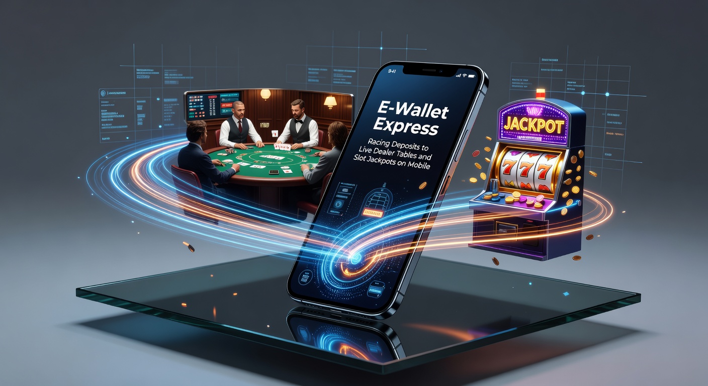 Dynamic split-screen of a mobile e-wallet transfer racing toward a vibrant live dealer roulette wheel and slot reels spinning with jackpot symbols