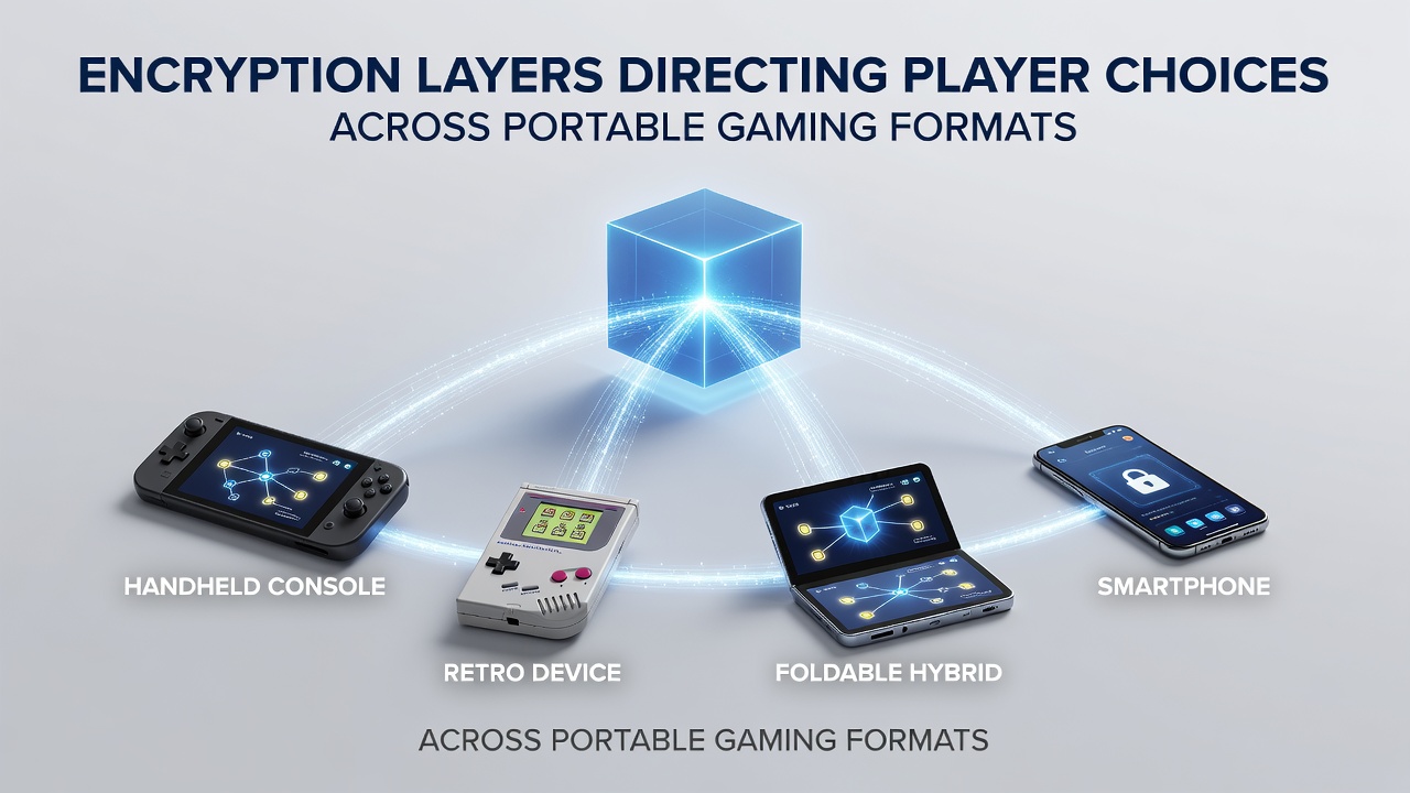 Portable gaming devices displaying secure encryption interfaces on mobile and handheld screens
