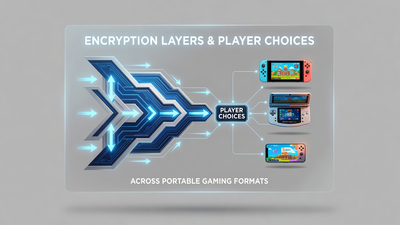 Illustration of encryption layers protecting data flow between portable gaming consoles and mobile devices