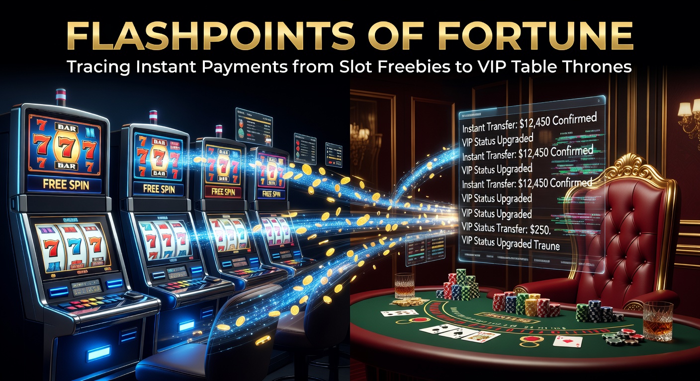 Player transitioning from slot freebies to high-stakes VIP tables with instant payment icons overlayed