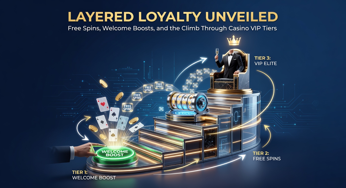 Vibrant graphic showing stacked casino loyalty rewards from welcome bonuses to elite VIP perks, with spinning slots and tier ladders