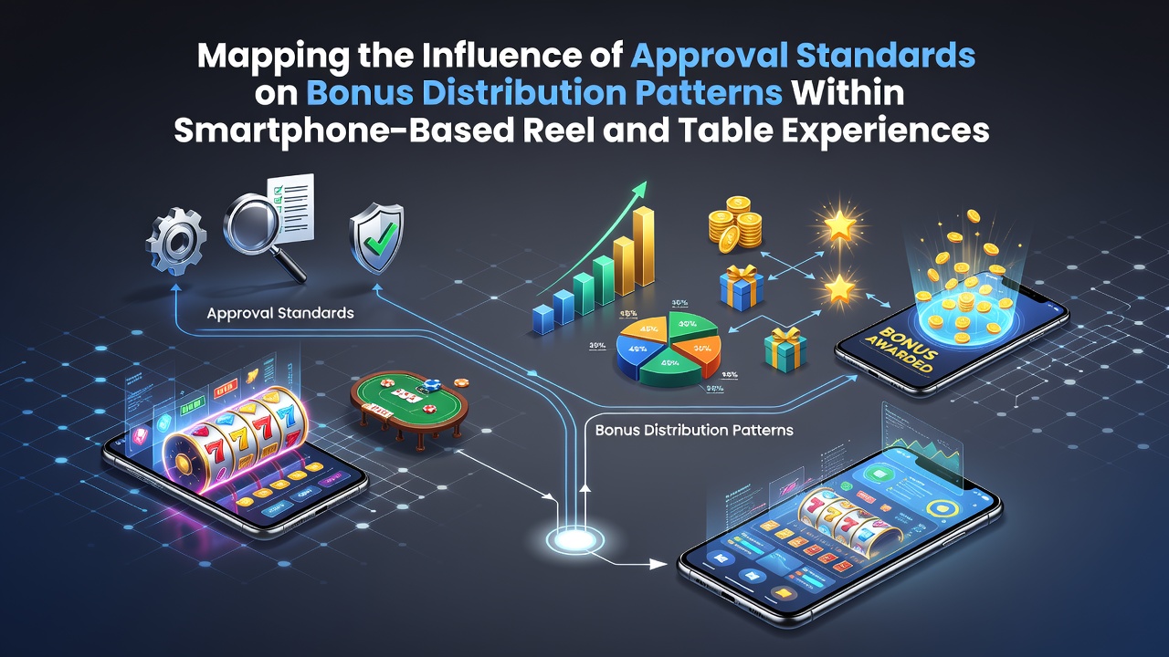 Smartphone displaying reel and table game interfaces with bonus indicators overlaid on a regulatory approval framework diagram