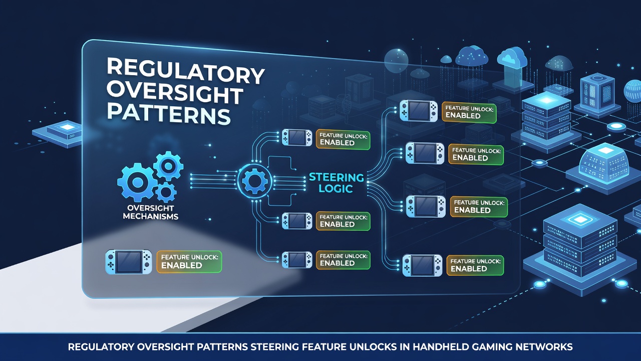 Handheld gaming networks showing certification and feature unlock sequences under regulatory review