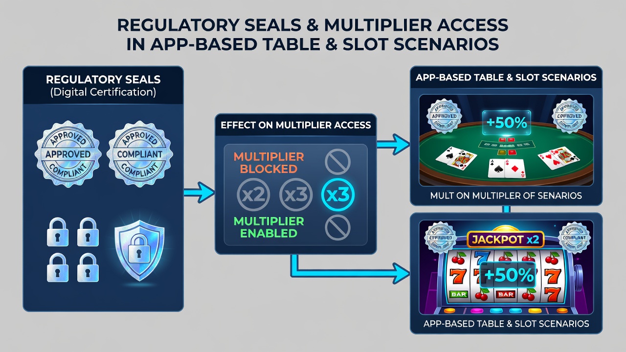 Mobile app screenshots showing certified multiplier features in slot reels and live table games